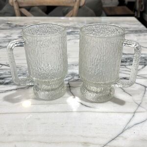 Vintage Indiana Glass Crystal Ice Tree Bark Footed Stein MCM 1960s Mug Set of 2
